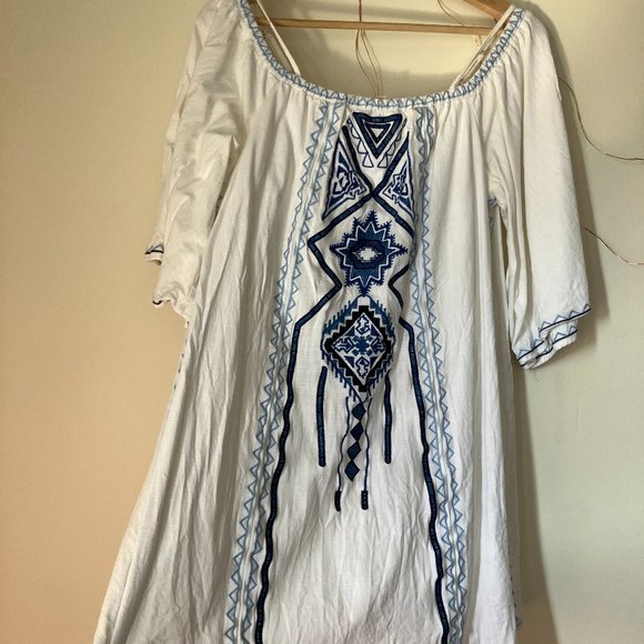 Embroidered Blue & White Linen Dress - Picture 3 of 8